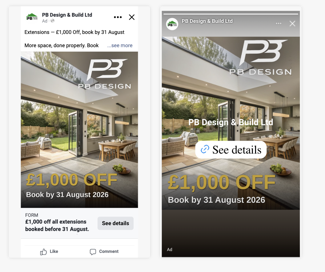 PB Design & Build Meta ad — £1,000 off extensions, book by 31 August