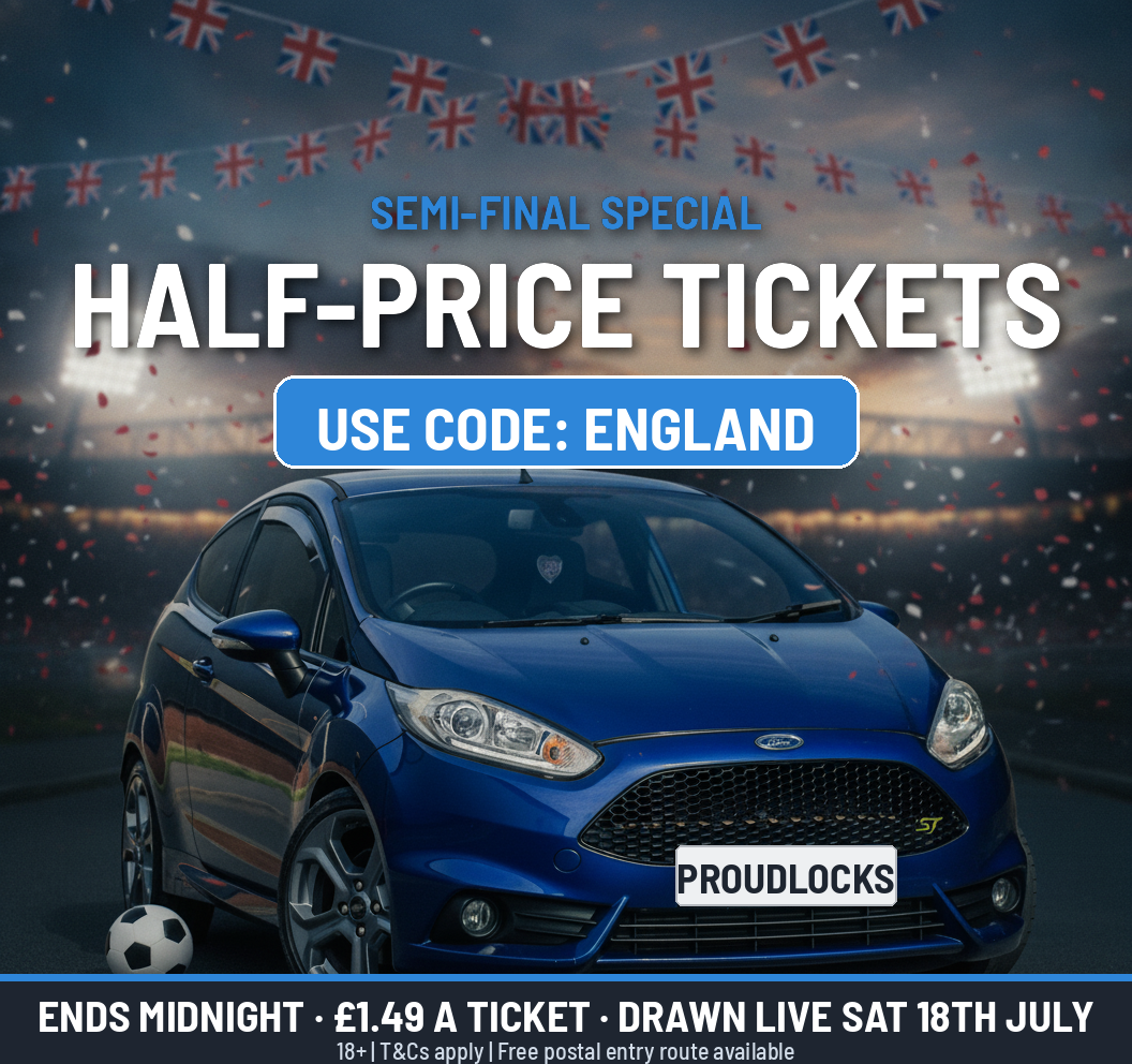 Proudlocks Competitions half-price semi-final ad — England code, Ford Fiesta ST180 giveaway